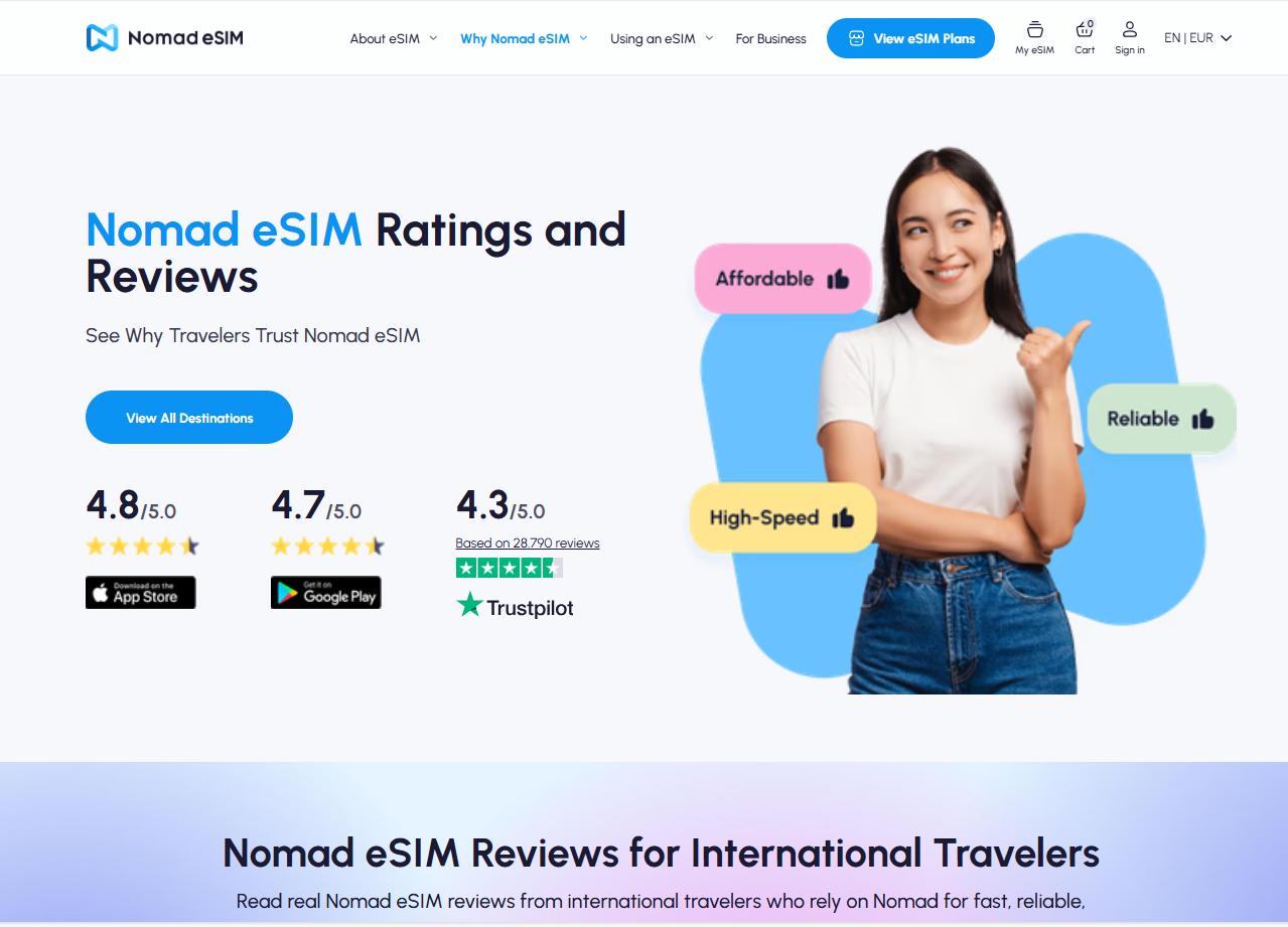 Nomad eSIM review ratings and customer feedback for Europe travel connectivity