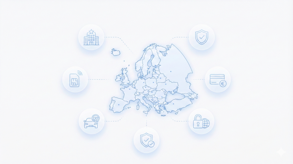 Europe travel tools map with icons for hotels, eSIM, insurance, payments, car rental and VPN