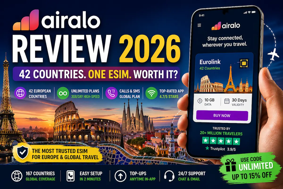 Airalo eSIM review 2026 showing Europe 42 countries coverage, pricing plans, unlimited data and app features for travel