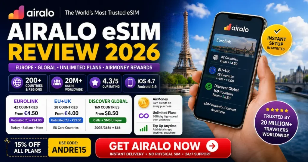 airalo esim review 2026 europe global esim unlimited plans airmoney rewards andre15 discount code