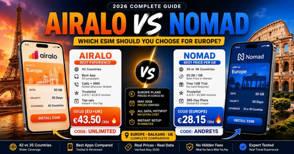 airalo vs nomad europe esim comparison 2026 pricing coverage app experience 50gb europe travel