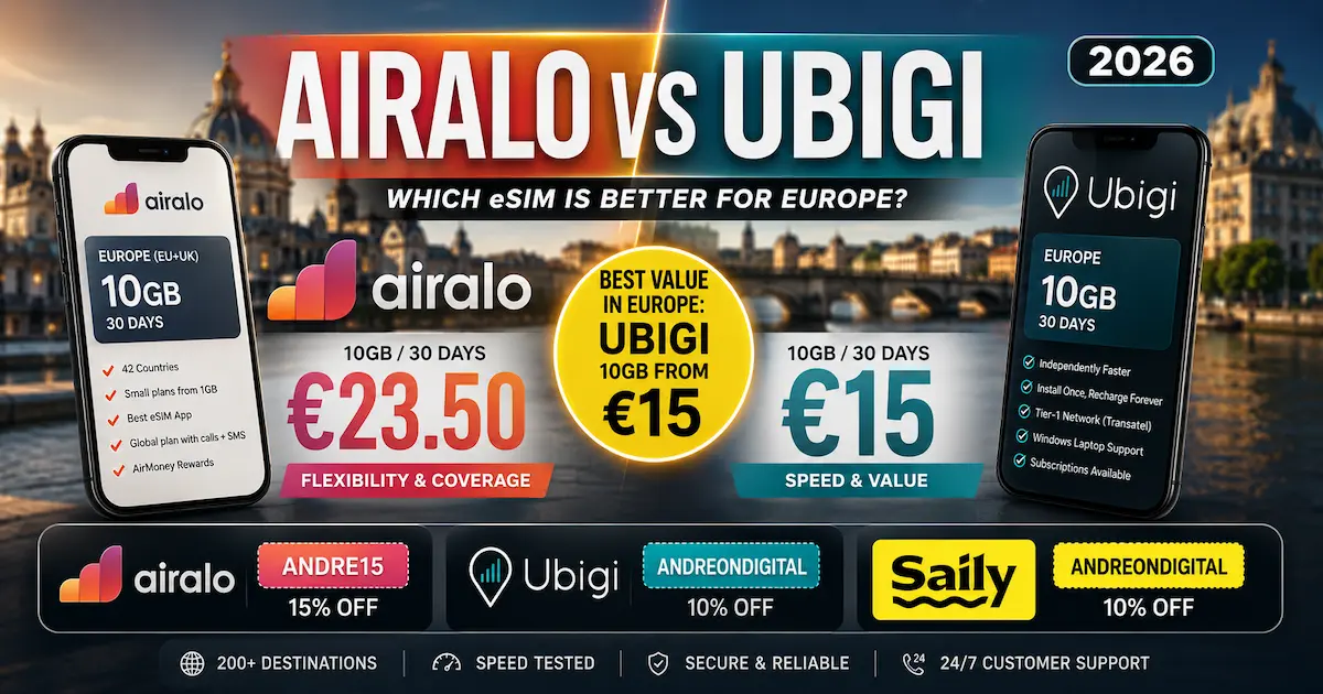 Airalo vs Ubigi 2026 comparison showing Europe eSIM pricing, Ubigi 10GB from €15, Airalo Europe plans, discount codes, and the best eSIM for Europe travelers.