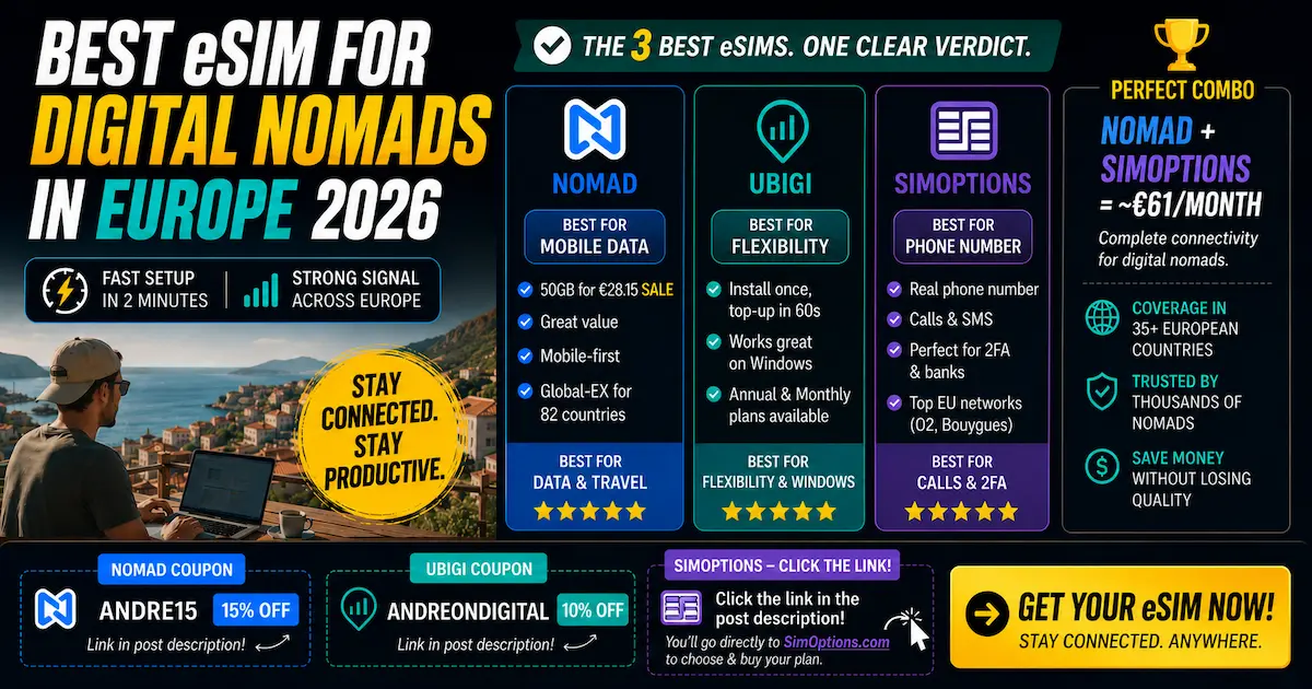 best esim for digital nomads in europe 2026 nomad ubigi simoptions remote work esim comparison hotspot phone number