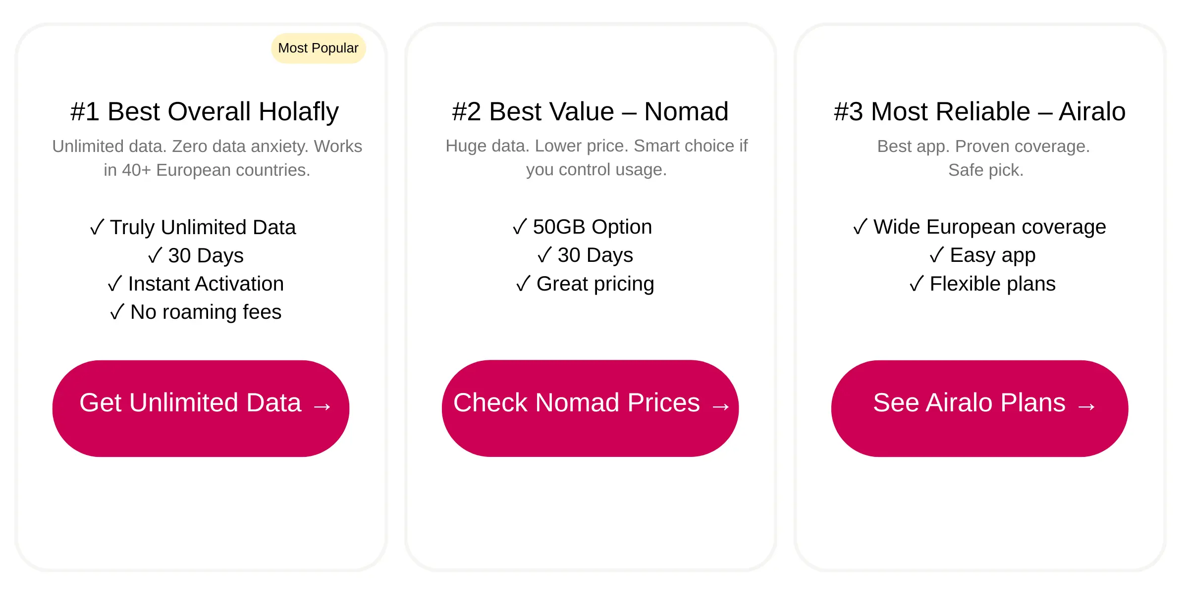 Top 3 eSIM Europe Top 3 best eSIM picks for Europe 2026 Holafly Nomad Airalo
