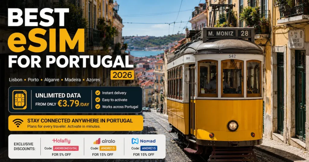 Best eSIM for Portugal 2026 with Lisbon yellow tram, unlimited data from €3.79 per day, Holafly Airalo Nomad discount codes, Lisbon Porto Algarve Madeira Azores