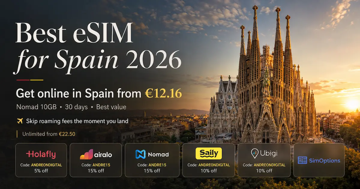 Best eSIM for Spain 2026 featured image with Sagrada Família in Barcelona at sunset, CTA get online in Spain from €12.16, Nomad 10GB 30 days best value, unlimited from €22.50, and discount code cards for Holafly, Airalo, Nomad, Saily, Ubigi and SimOptions.