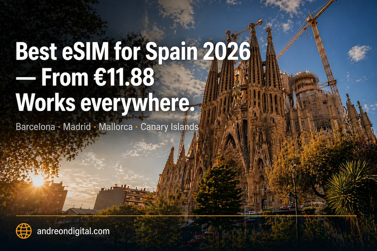 Best eSIM for Spain 2026 with price from €11.88 and full coverage in Barcelona, Madrid, Mallorca and Canary Islands