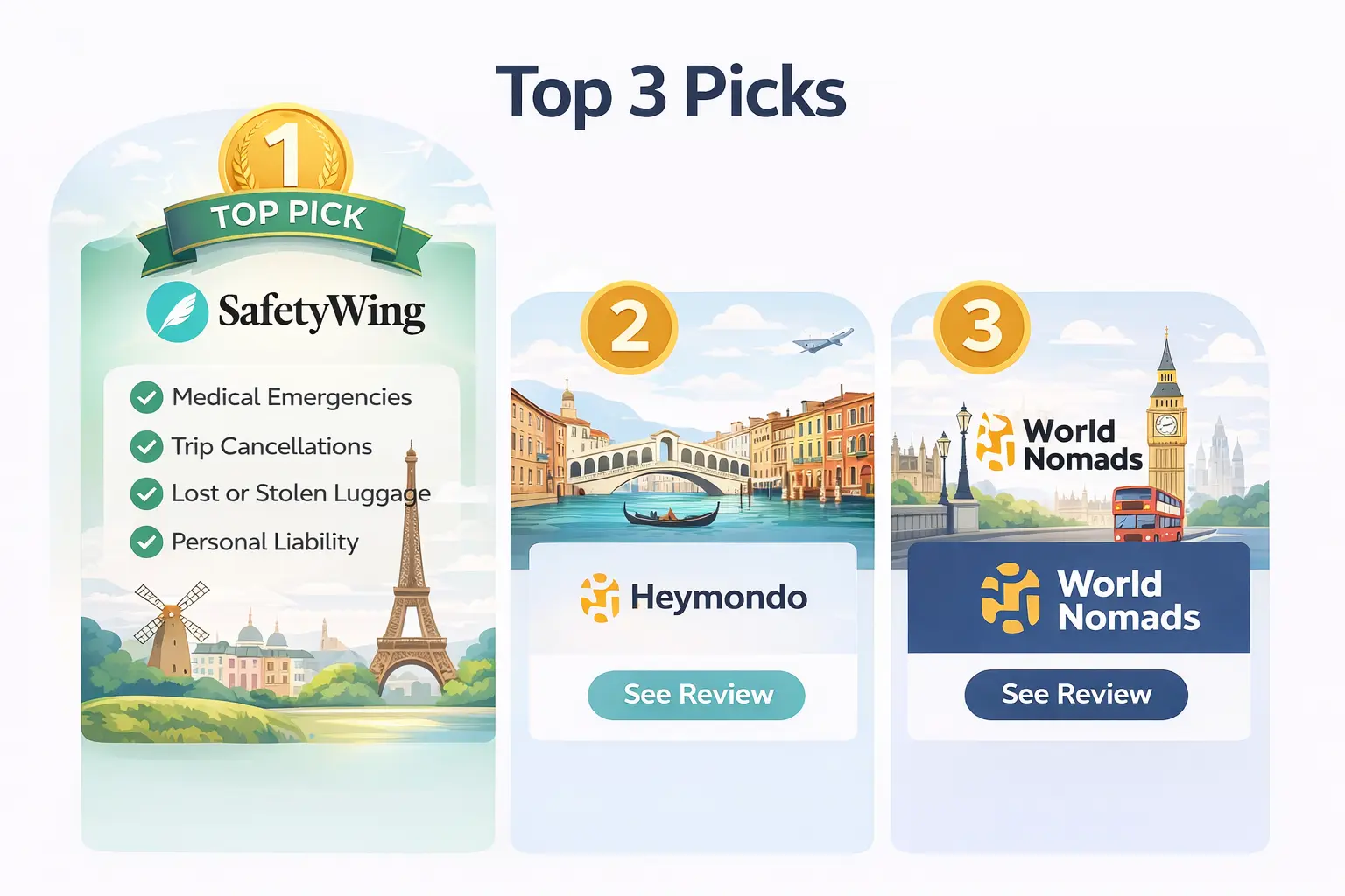 Top Insurance Picks Top travel insurance picks for Europe 2026 SafetyWing World Nomads Allianz