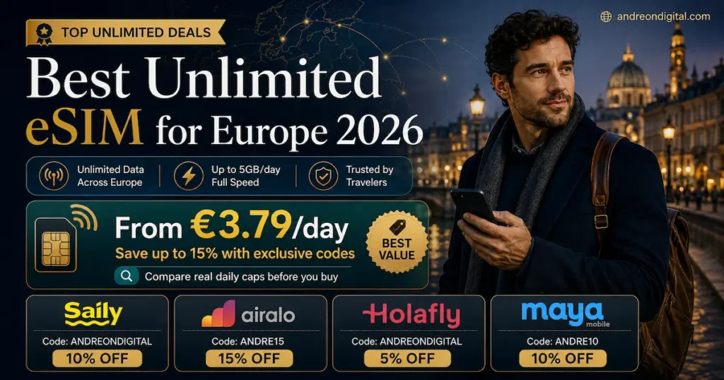 Best Unlimited eSIM for Europe 2026 promotional image showing unlimited plans from €3.79 per day, real daily caps, and coupon codes for Saily, Airalo, Holafly, and Maya Mobile