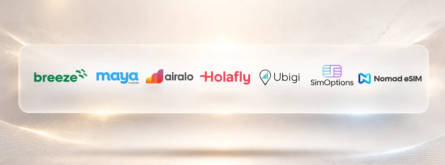 eSIM Providers Europe Logos of 7 eSIM providers for Europe Holafly Airalo Nomad Ubigi SimOptions Maya Breeze