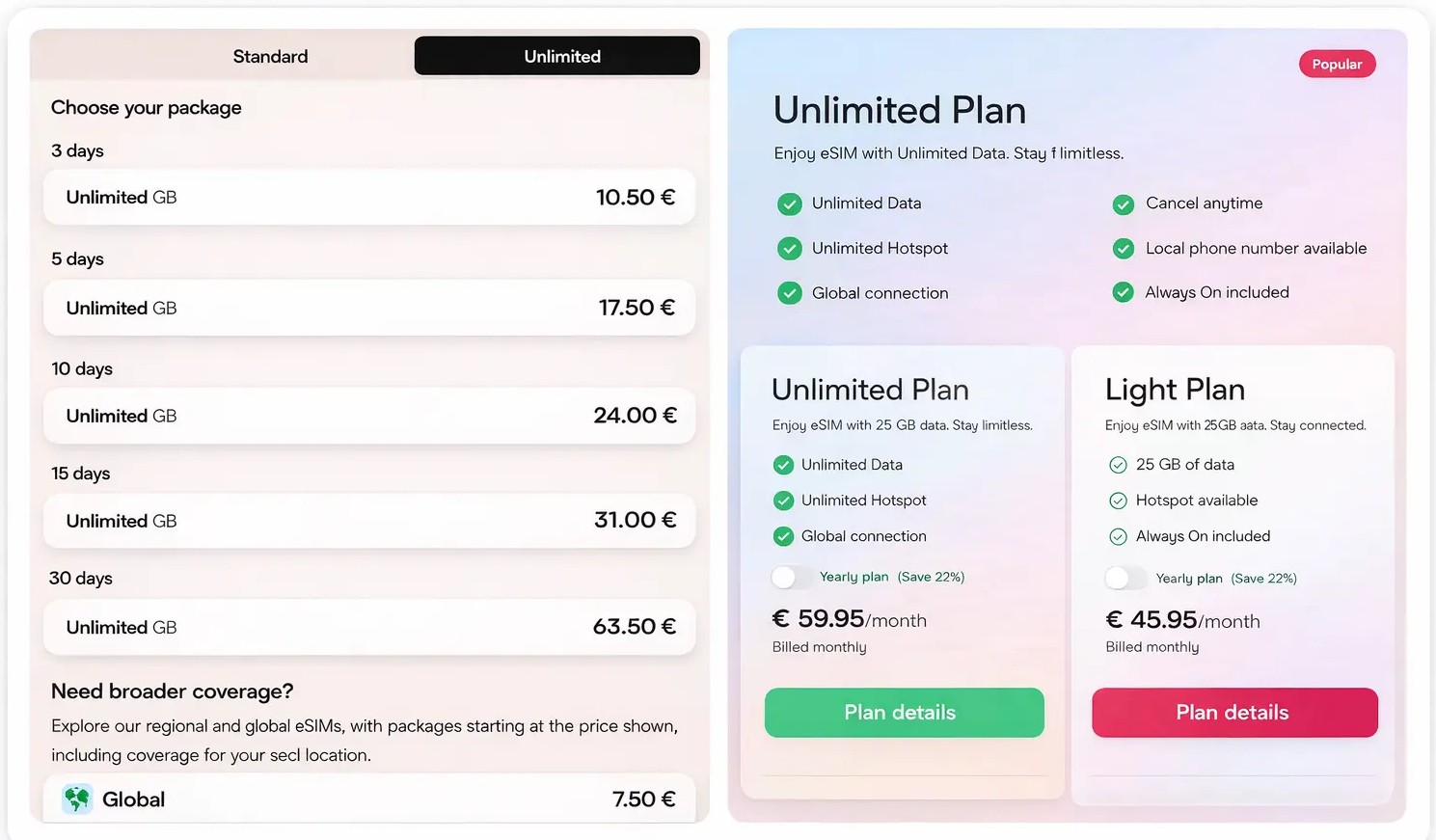 Holafly and Airalo plans side by side comparison