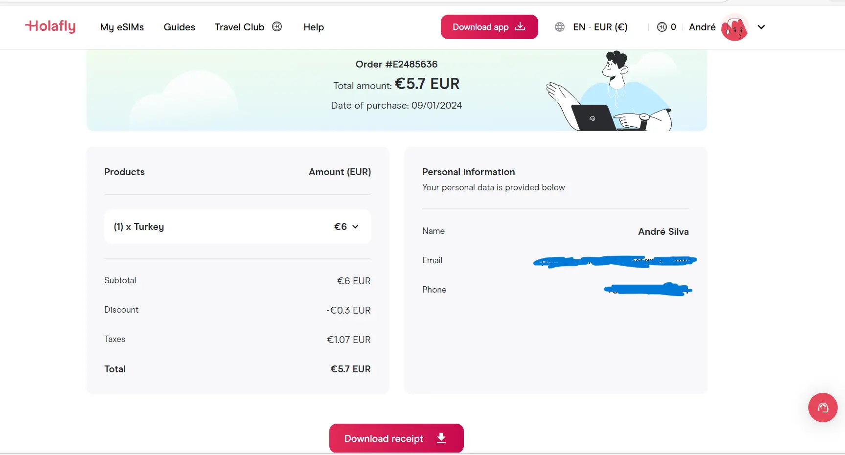 holafly esim turkey purchase receipt order e2485636 andre silva january 2024 verified