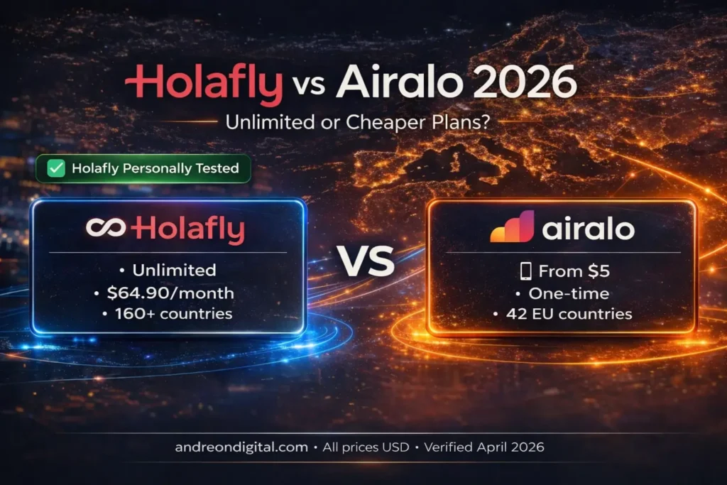 Holafly vs Airalo 2026 comparison showing unlimited data vs cheaper eSIM plans for Europe travel