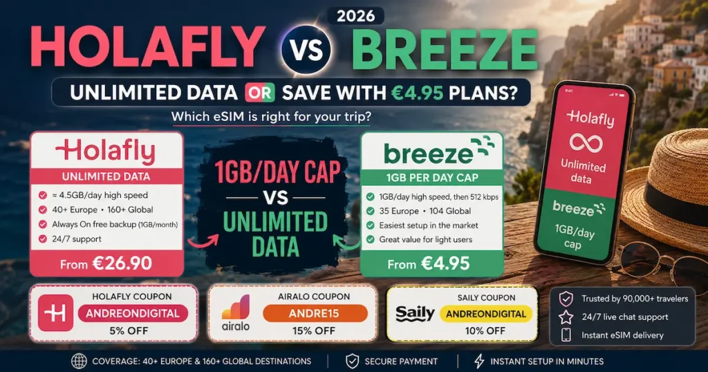 Breeze vs Holafly 2026 comparison showing unlimited data versus 1GB per day eSIM plans, Europe and worldwide coverage, prices from €4.95, travel eSIM comparison for international travelers.