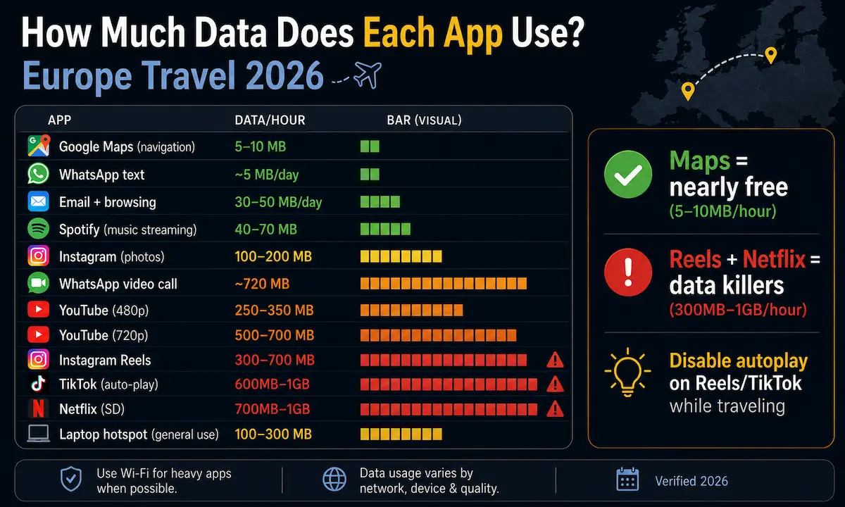 how much data does each app use europe travel 2026 google maps instagram reels tiktok netflix hotspot usage
