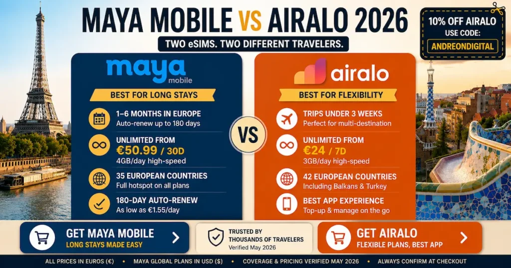 maya mobile vs airalo 2026 best esim for europe long stay vs flexible trip unlimited data comparison