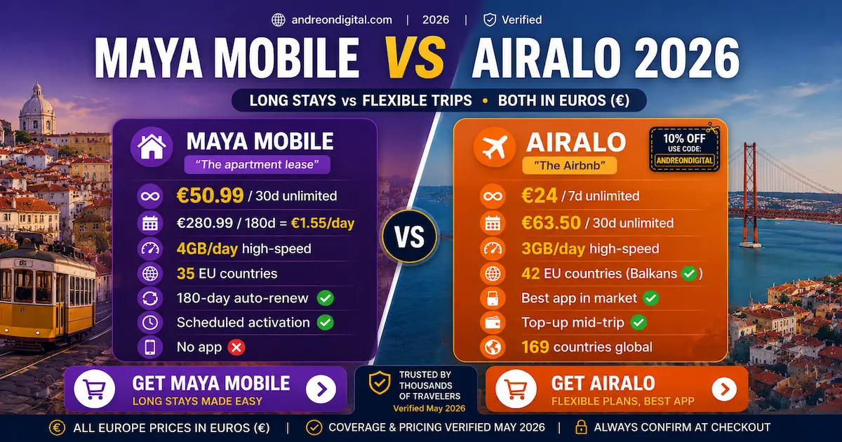 maya mobile vs airalo 2026 europe esim comparison unlimited plans long stays vs flexible travel