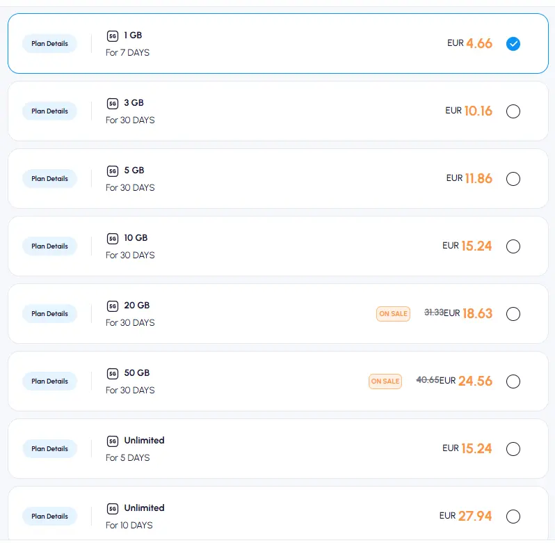 Nomad eSIM Budget Europe Nomad plan showing budget pricing options