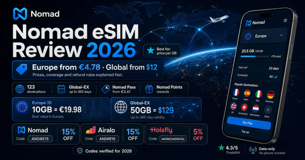 Nomad eSIM Review 2026 com preços da Europa a partir de €4.78, Global a partir de $12, Europe 35 10GB por €19.98, Global-EX 50GB por $129 e cupons de desconto ANDRE15 e ANDREONDIGITAL.