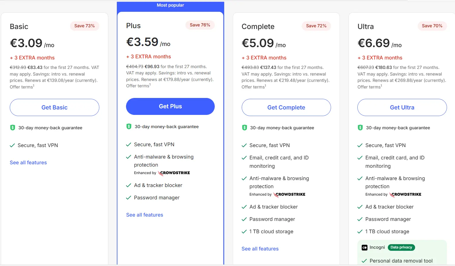 Screenshot of NordVPN pricing page showing Basic, Plus and Complete plans with monthly prices