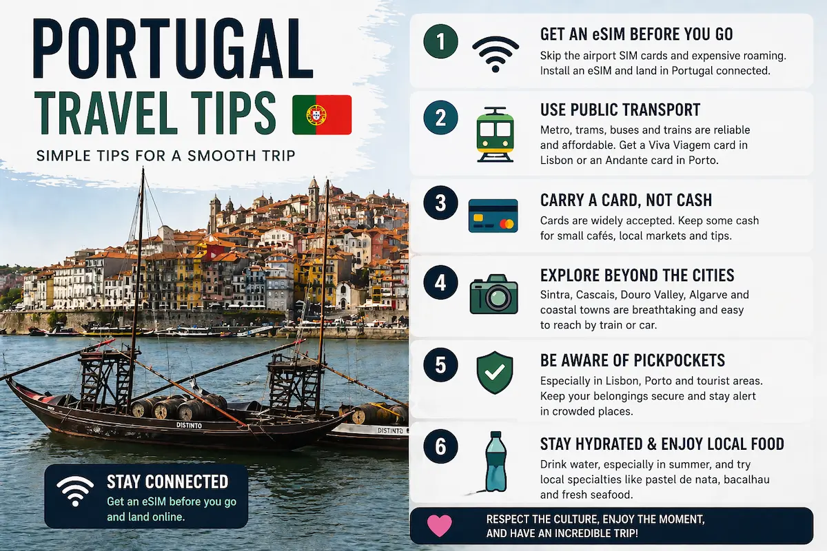 portugal travel tips 2026 esim connectivity public transport lisbon porto algarve safety food travel guide