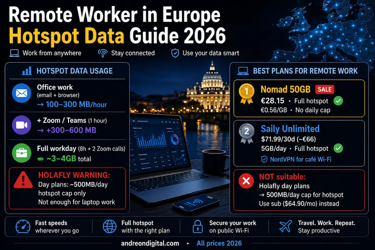 remote worker europe hotspot data guide 2026 nomad saily holafly zoom teams laptop hotspot usage