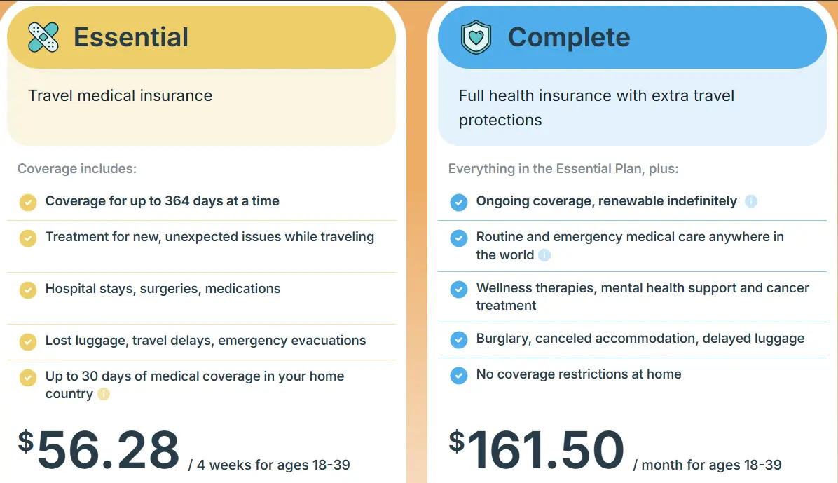 SafetyWing Plans SafetyWing insurance plans showing Essential and Complete pricing