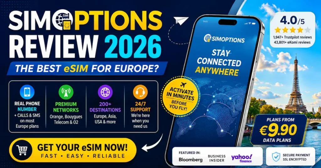 simoptions review 2026 best esim for europe orange bouygues telecom o2 calls sms phone number comparison