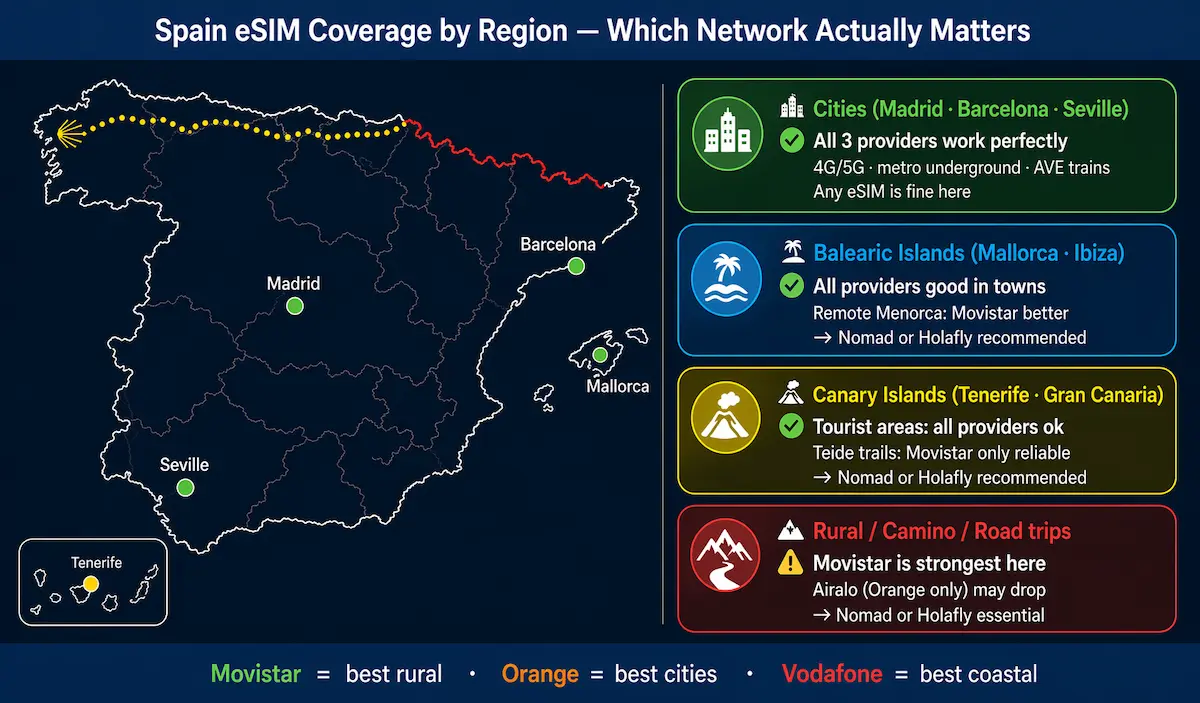 Spain eSIM coverage map 2026 showing Movistar, Orange and Vodafone performance across cities, islands and rural regions