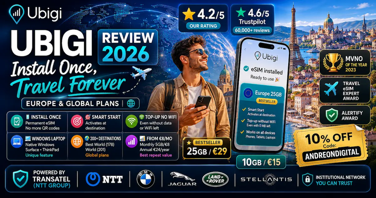 ubigi review 2026 install once travel forever global esim europe 25gb €29 transatel ntt group