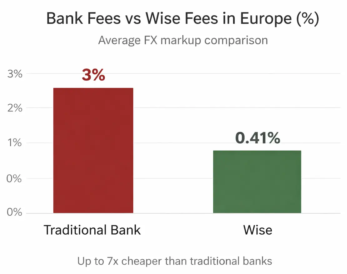 Wise vs traditional bank FX markup comparison in Europe showing 0.41% vs 3% average fee