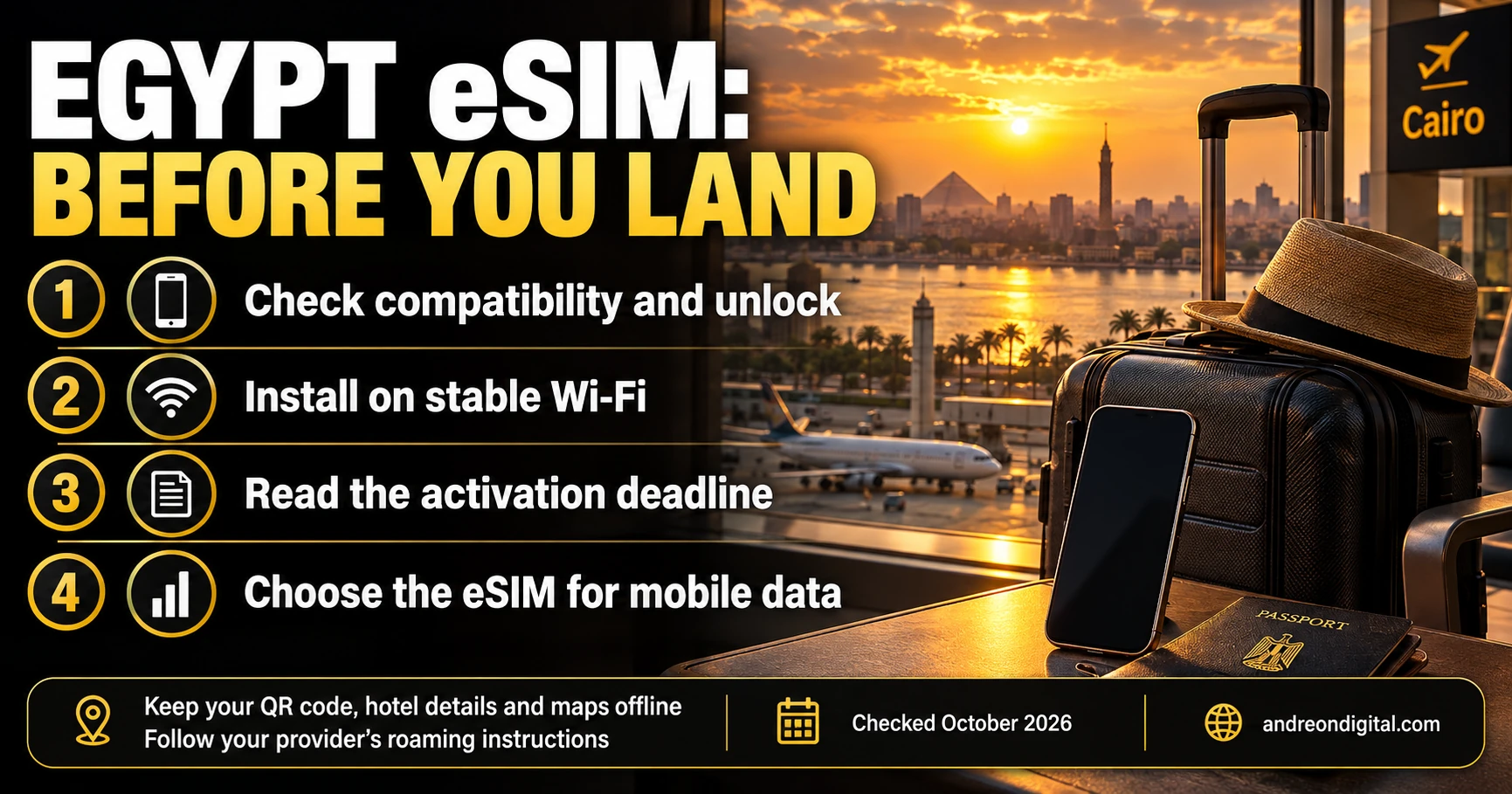 Egypt arrival setup checklist for the data line, roaming and automatic switching