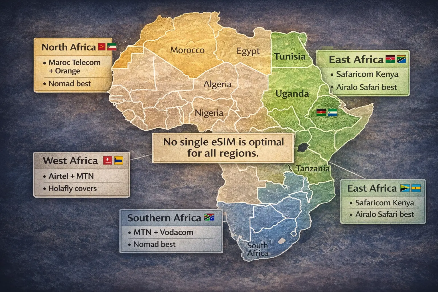 Africa eSIM coverage map by region showing North Africa (Nomad), East Africa (Airalo Safaricom), Southern Africa (MTN Vodacom), and West Africa (Holafly coverage)
