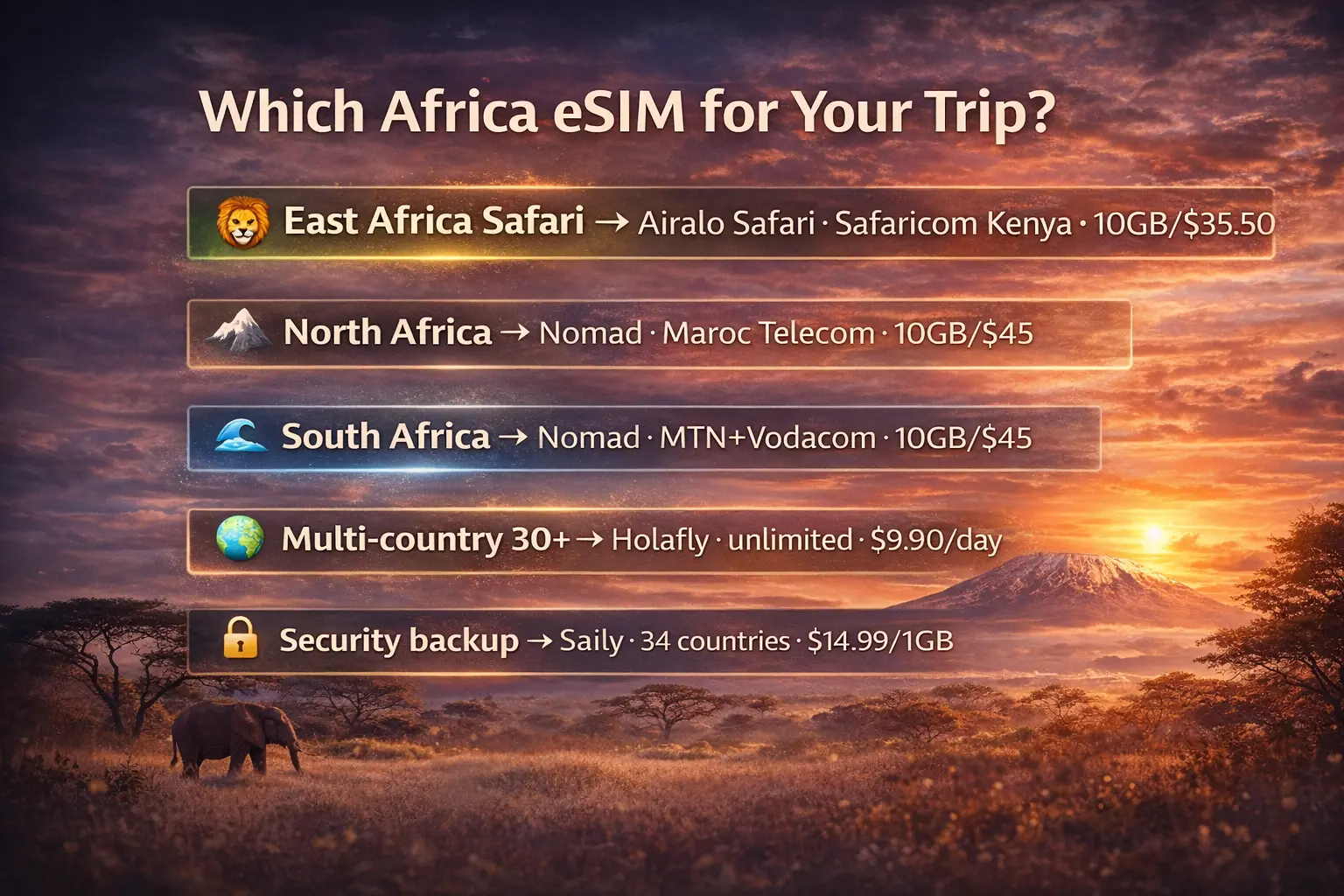 Best eSIM for Africa decision guide showing Airalo Safari for East Africa, Nomad for North and South Africa, and Holafly for multi-country travel in 2026