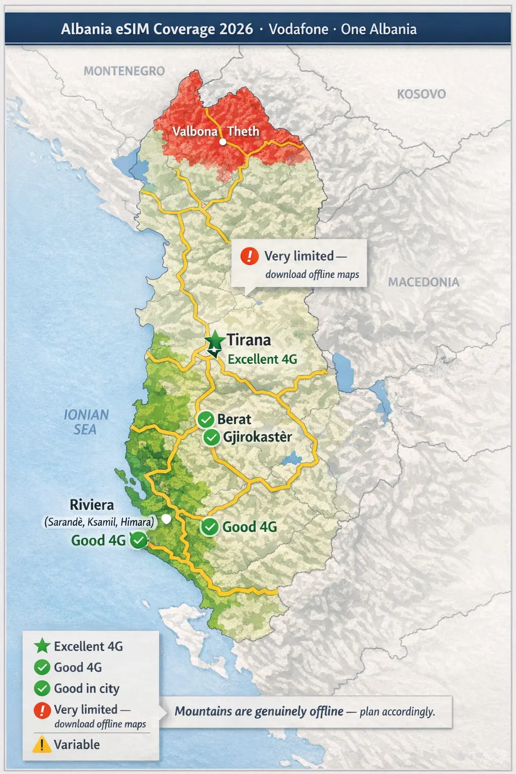 Best eSIM for Albania 2026 coverage map showing Tirana, Albanian Riviera, Berat, Gjirokastër, and limited signal in Valbona and Theth mountains