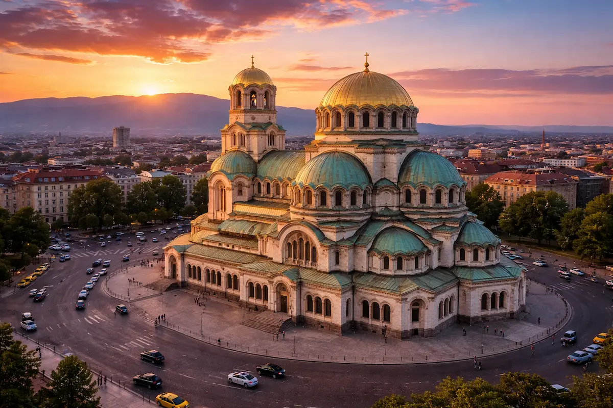 Alexander Nevsky Cathedral in Sofia Bulgaria at sunset — best eSIM coverage for Bulgaria travel 2026