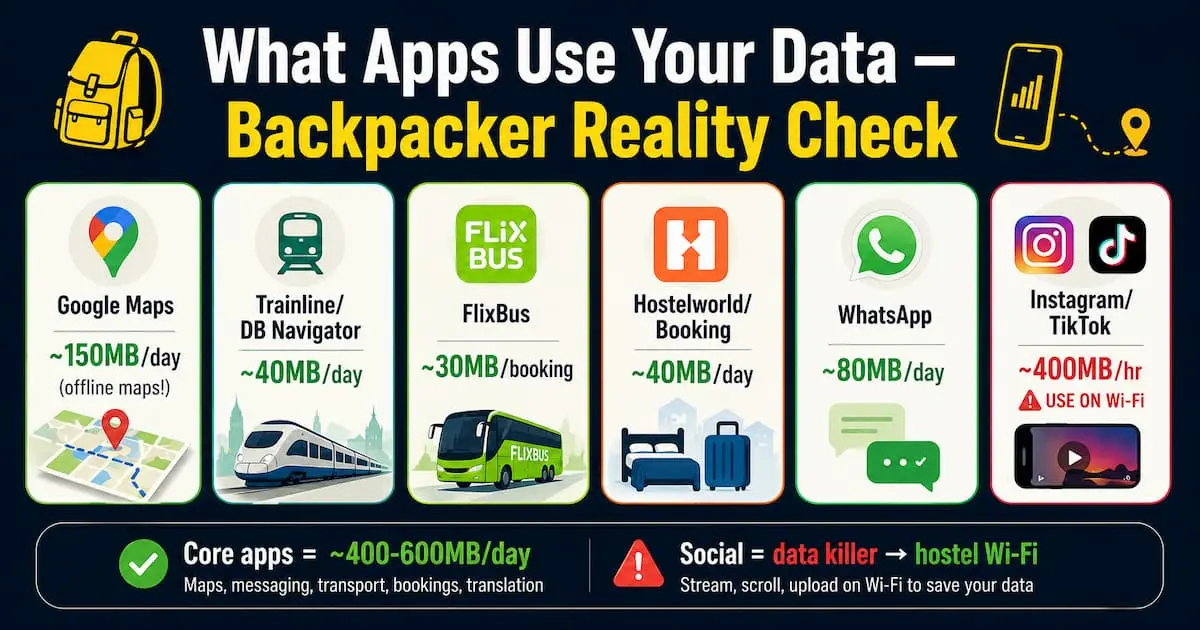 Data usage apps for backpacking Europe showing Google Maps WhatsApp FlixBus and Instagram data consumption per day