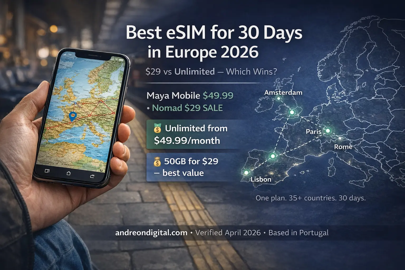 Best eSIM for 30 days in Europe 2026 comparison map showing Maya Mobile unlimited and Nomad 50GB value plan