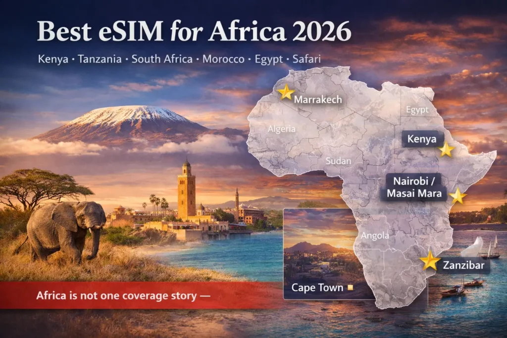 Best eSIM for Africa 2026 featured map with Kenya, Tanzania, South Africa, Morocco, and Zanzibar highlighting key travel destinations and coverage regions