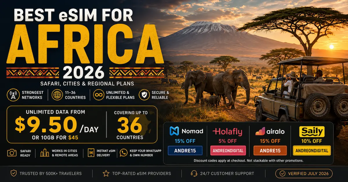 Best eSIM for Africa 2026 comparison image showing safari in Africa with Mount Kilimanjaro, Nomad, Holafly, Airalo and Saily plans, coverage across 36 countries, unlimited data from $9.50/day and 10GB from $45.