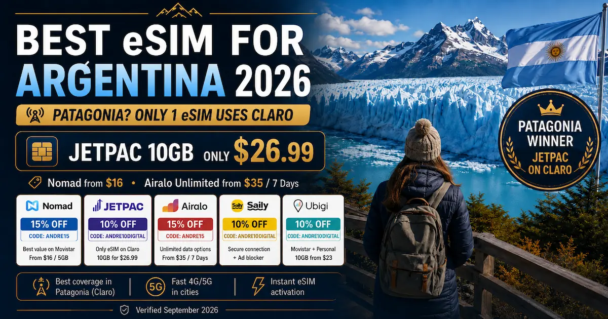 Best eSIM for Argentina 2026 comparison in Patagonia, highlighting Jetpac on Claro at $26.99 for 10GB with discounts for Nomad, Airalo, Saily and Ubigi