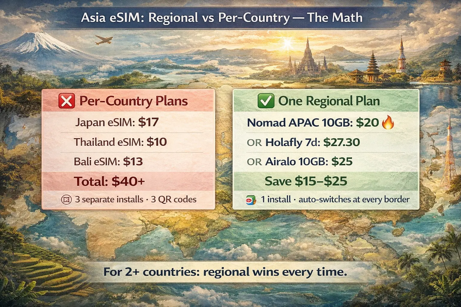 Best eSIM for Asia 2026 comparison showing regional vs per-country plans and why travelers overpay $15 to $25 using multiple eSIMs