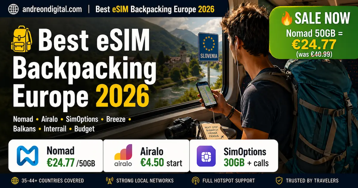 Backpacker on train in Europe using smartphone with eSIM, best eSIM for backpacking Europe 2026 with Nomad Airalo and SimOptions plans