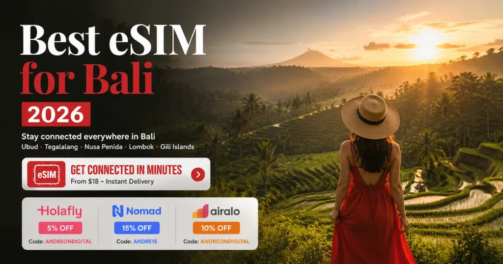 best esim bali 2026 telkomsel holafly nomad airalo bali rice terraces ubud tegalalang nusa penida gili islands indonesia esim coverage