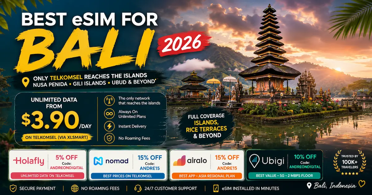 Best eSIM for Bali 2026 comparison showing Telkomsel coverage for Nusa Penida, the Gili Islands and Ubud, with Holafly, Nomad, Airalo and Ubigi prices, discount codes and unlimited data options for Indonesia.