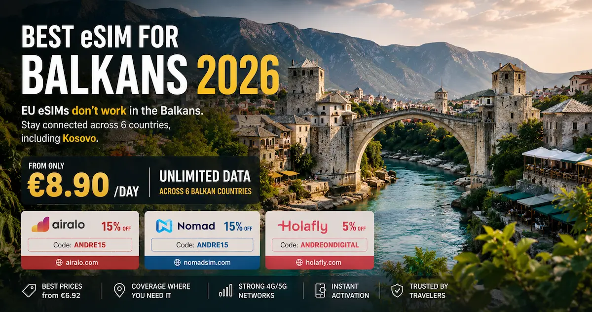 Best eSIM for Balkans 2026 comparison showing Airalo, Nomad and Holafly plans with coverage across Albania, Bosnia, Montenegro, Serbia, Kosovo and North Macedonia, starting from €8.90 per day.