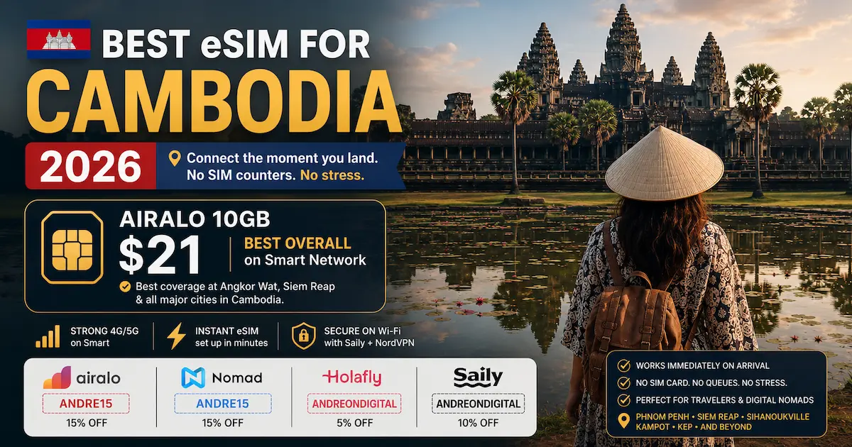 Best eSIM for Cambodia 2026 image showing Angkor Wat with Airalo 10GB for $21 on Smart network, recommended for travelers visiting Siem Reap and Phnom Penh