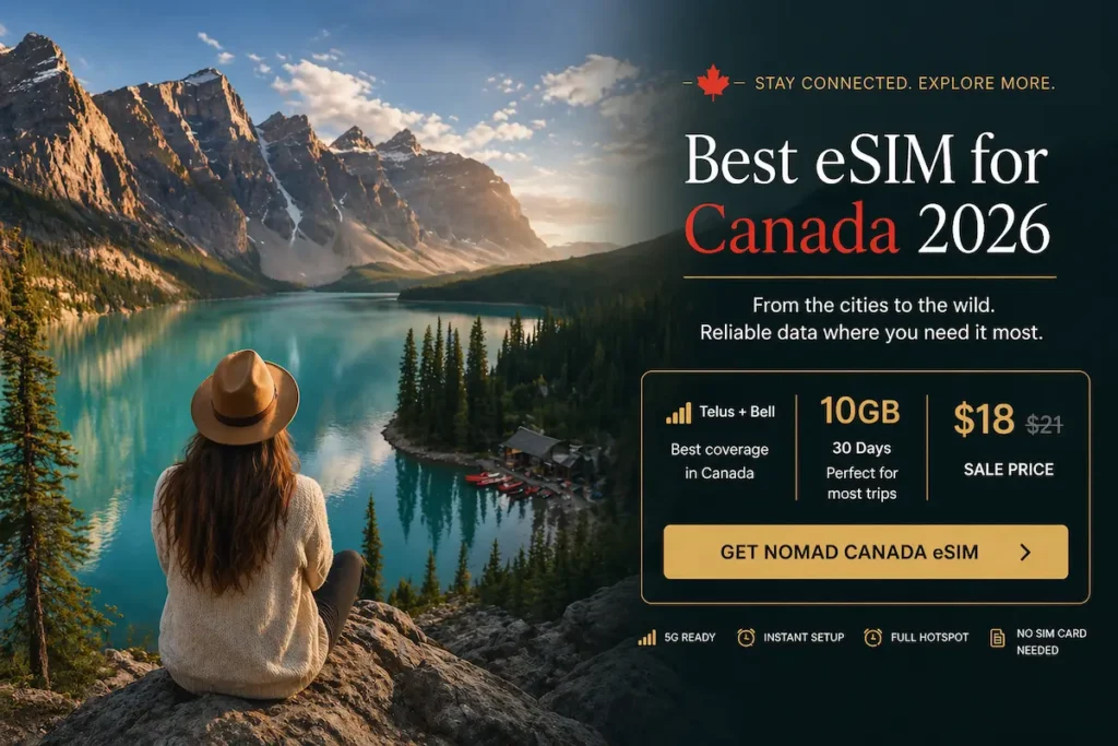 Best eSIM for Canada 2026 at Moraine Lake Banff with Nomad 10GB $18 plan showing Telus and Bell coverage for cities and national parks