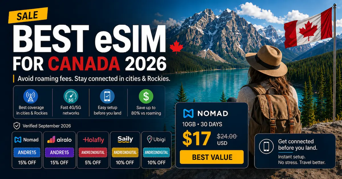 Best eSIM for Canada 2026 banner with Nomad 10GB for $17, Canada Rockies background, and discount coupons for Nomad, Airalo, Holafly, Saily, and Ubigi