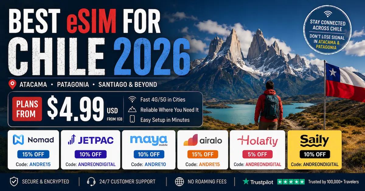 Best eSIM for Chile 2026 comparison featuring Nomad, Airalo, Saily, Holafly, Maya Mobile and Jetpac with Patagonia, Atacama Desert and Santiago, including plans from $4.99 and travel eSIM discounts.